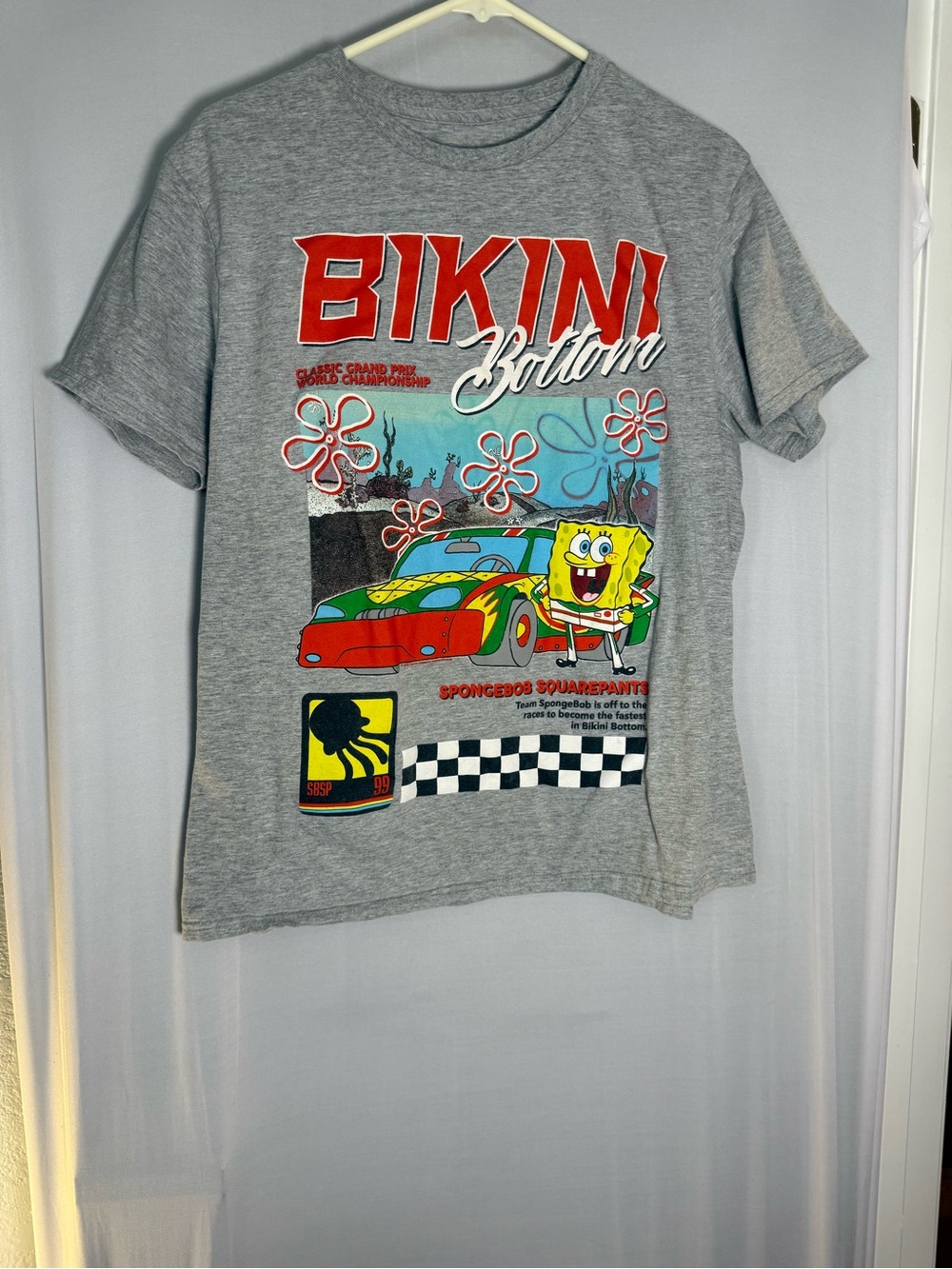 wet n wild Grey SpongeBob Bikini Bottom Racing Graphic Tee